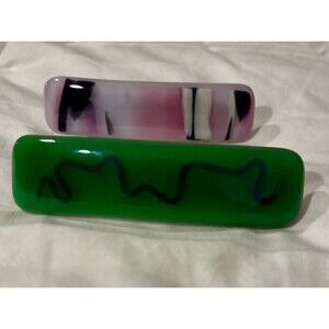 French Glass Vintage Clip Bar Barette - lot of 2 Pink and Green